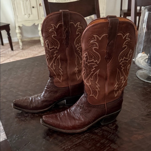 Women's Lucchese full Quill Ostrich Brown Western Boots - Picture 2 of 14